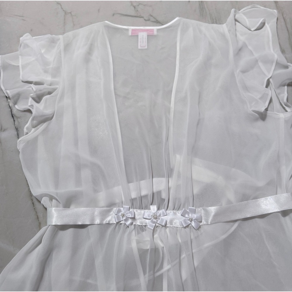 Oscar de la Renta Pink Label White Sheer Babydoll Lingerie Set with Robe Lg #179 - Picture 14 of 15